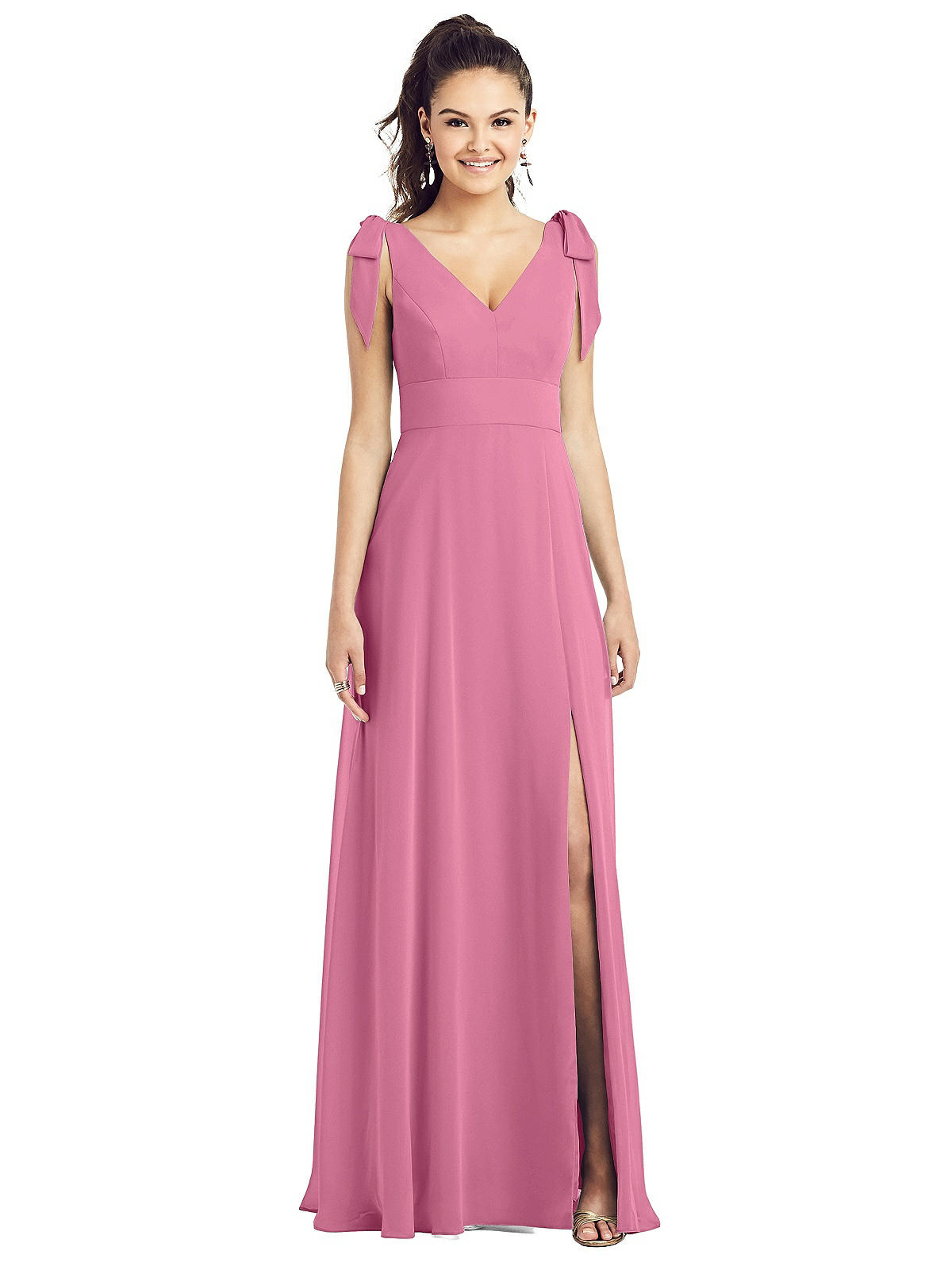 Bow-shoulder V-back Chiffon Bridesmaid Dress With Front Slit
