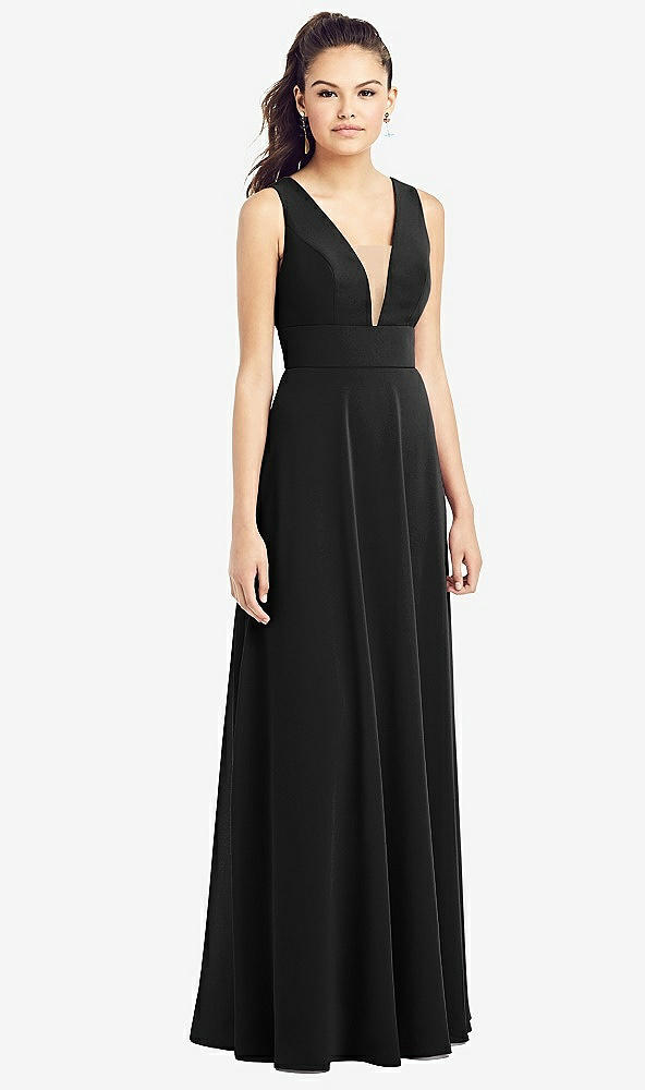 Front View - Black & Light Nude Adjustable Strap Illusion Neck Chiffon Gown
