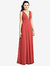 Front View Thumbnail - Perfect Coral & Light Nude Adjustable Strap Illusion Neck Chiffon Gown