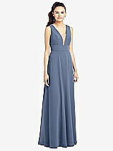 Front View Thumbnail - Larkspur Blue & Light Nude Adjustable Strap Illusion Neck Chiffon Gown