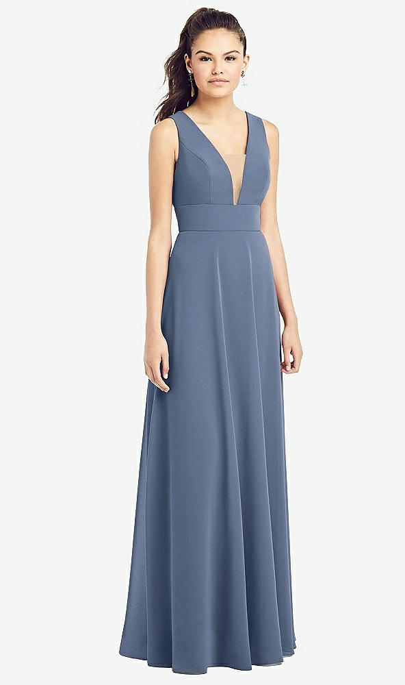 Front View - Larkspur Blue & Light Nude Adjustable Strap Illusion Neck Chiffon Gown