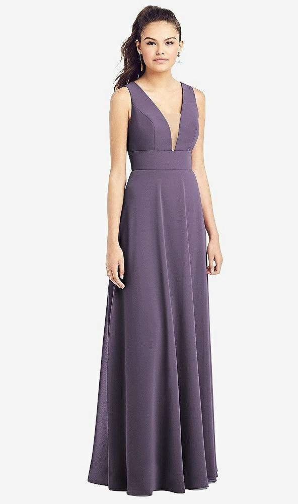 Front View - Lavender & Light Nude Adjustable Strap Illusion Neck Chiffon Gown