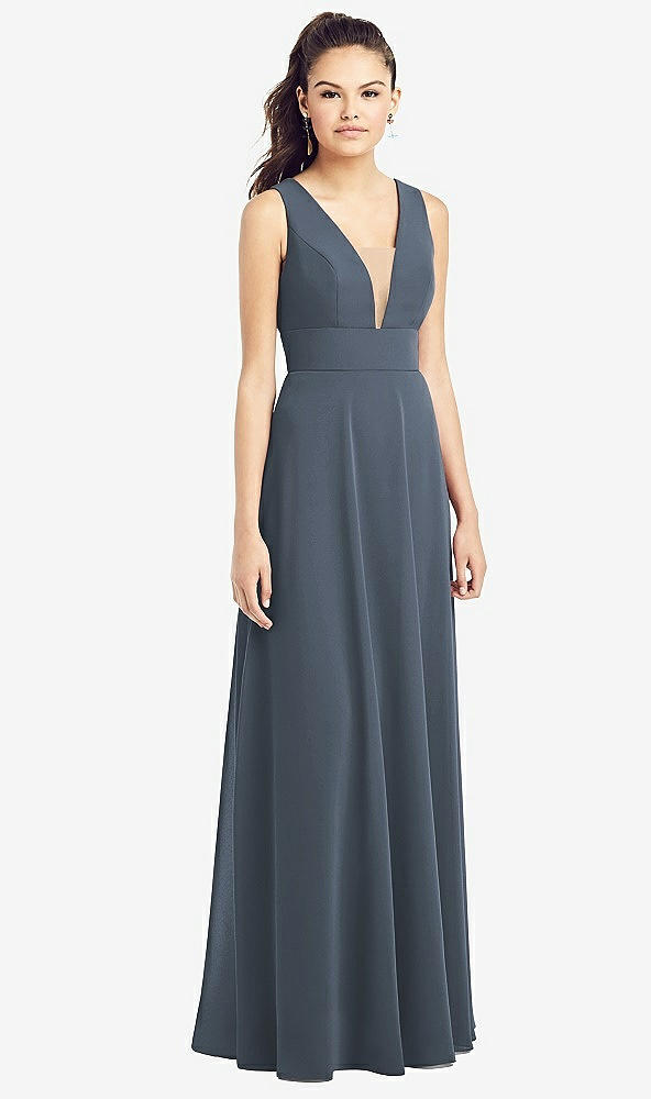 Front View - Silverstone & Light Nude Adjustable Strap Illusion Neck Chiffon Gown