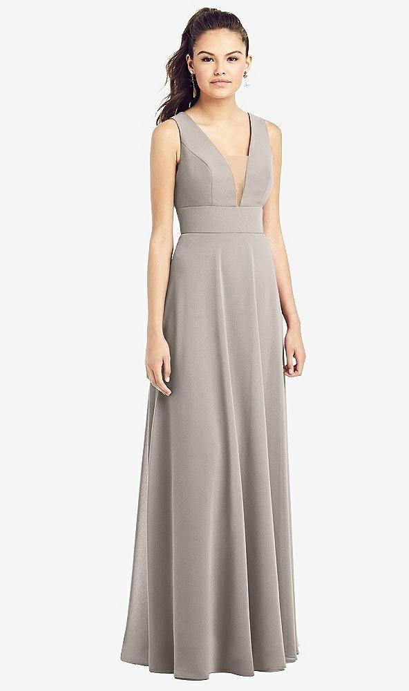 Front View - Taupe & Light Nude Adjustable Strap Illusion Neck Chiffon Gown