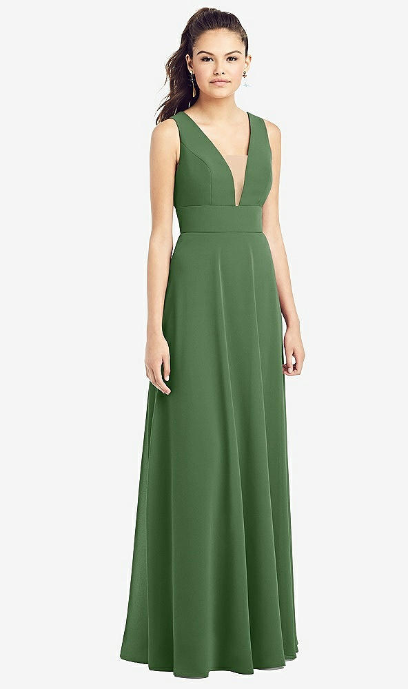 Front View - Vineyard Green & Light Nude Adjustable Strap Illusion Neck Chiffon Gown
