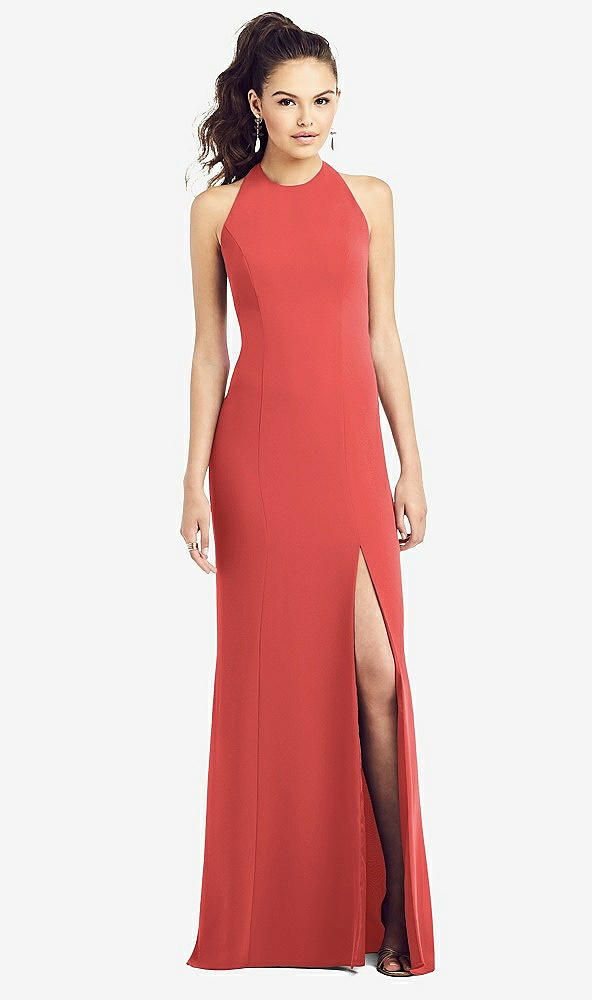 Front View - Perfect Coral Open-Back Jewel Neck Trumpet Gown with Front Slit
