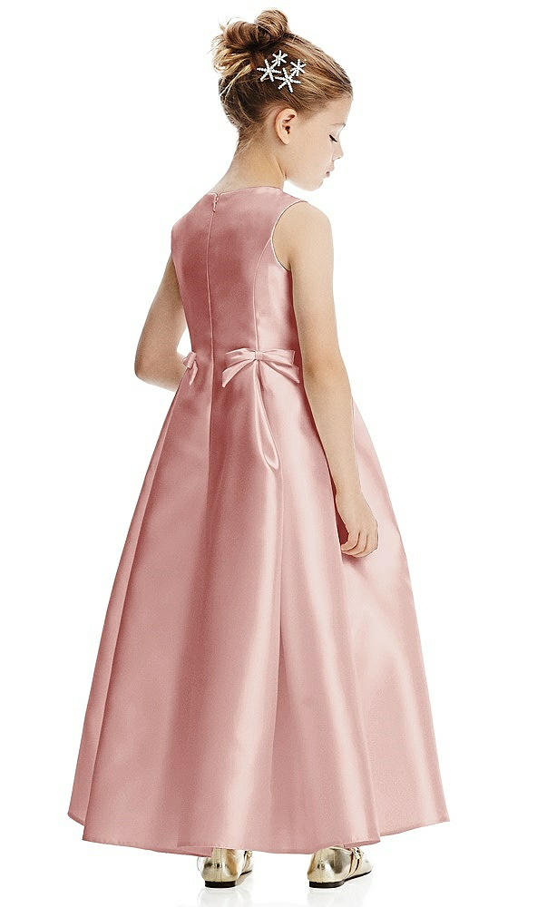 Back View - Rose Princess Line Satin Twill Flower Girl Dress with Bows