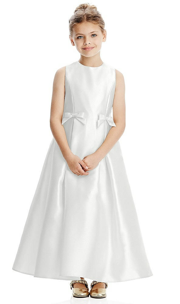Front View - White Princess Line Satin Twill Flower Girl Dress with Bows