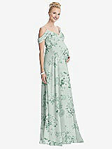 Front View Thumbnail - Mint Green Floral Draped Cold-Shoulder Chiffon Maternity Dress