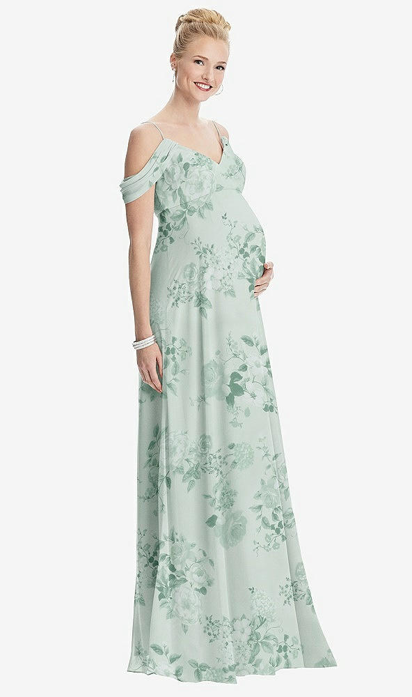 Front View - Mint Green Floral Draped Cold-Shoulder Chiffon Maternity Dress