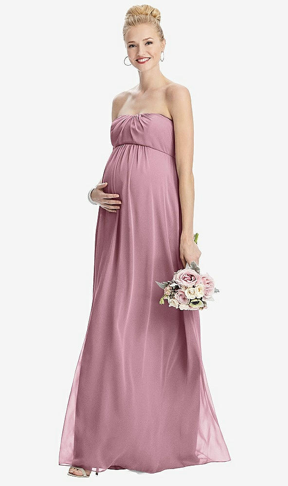 Front View - Dusty Pink Strapless Chiffon Shirred Skirt Maternity Dress