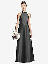 Front View Thumbnail - Pewter Halter Open-back Satin Junior Bridesmaid Dress with Pockets