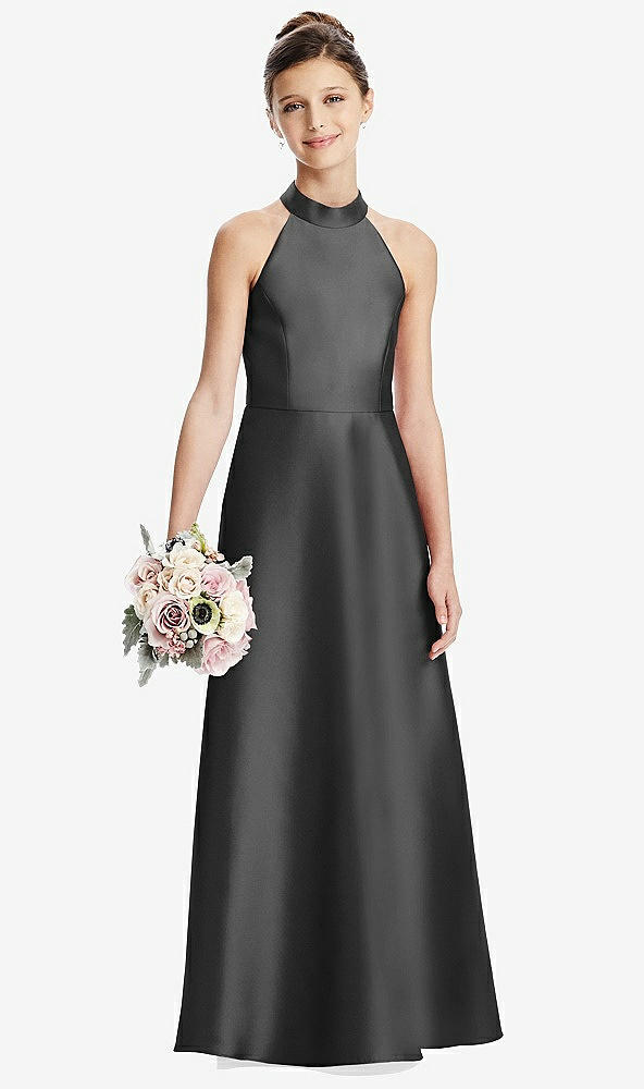 Front View - Pewter Halter Open-back Satin Junior Bridesmaid Dress with Pockets