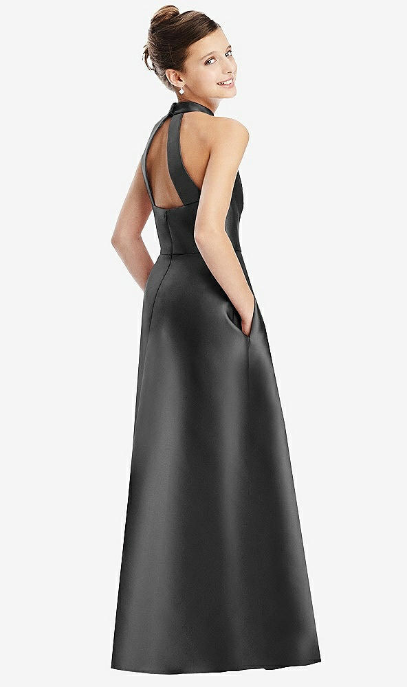 Back View - Pewter Halter Open-back Satin Junior Bridesmaid Dress with Pockets