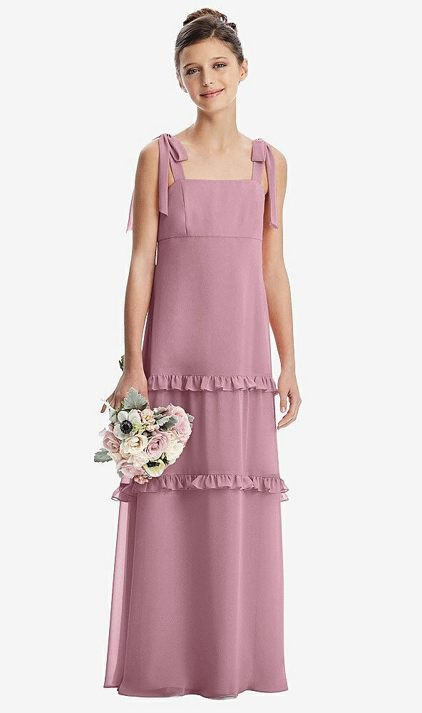 Front View - Dusty Pink Tie-Shoulder Juniors Dress with Tiered Ruffle Skirt