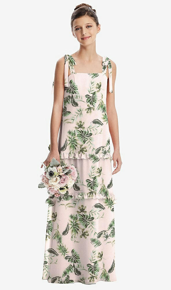 Front View - Palm Beach Print Tie-Shoulder Juniors Dress with Tiered Ruffle Skirt
