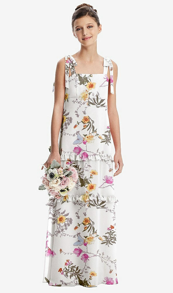 Front View - Butterfly Botanica Ivory Tie-Shoulder Juniors Dress with Tiered Ruffle Skirt
