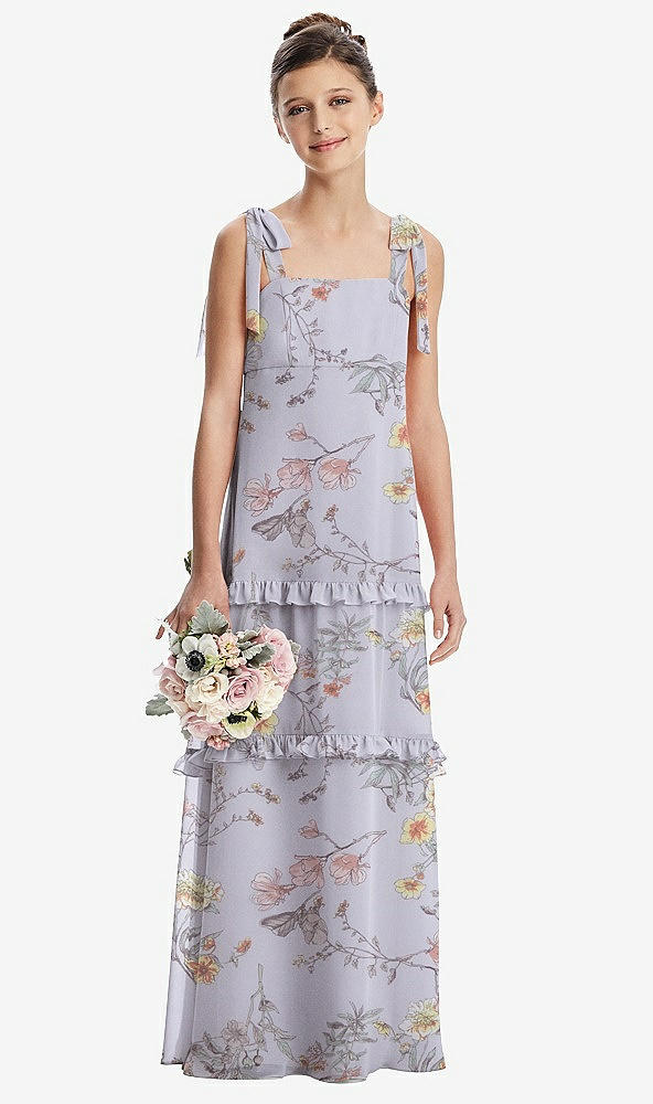 Front View - Butterfly Botanica Silver Dove Tie-Shoulder Juniors Dress with Tiered Ruffle Skirt