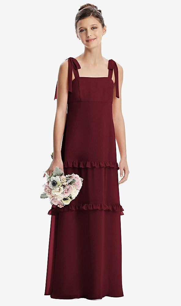 Front View - Cabernet Tie-Shoulder Juniors Dress with Tiered Ruffle Skirt