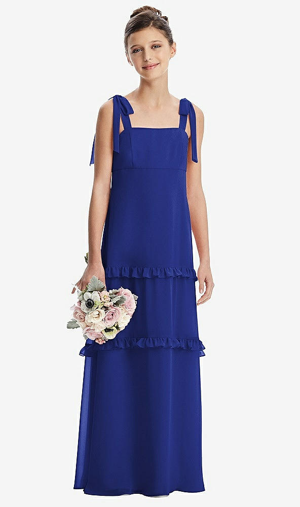 Front View - Cobalt Blue Tie-Shoulder Juniors Dress with Tiered Ruffle Skirt