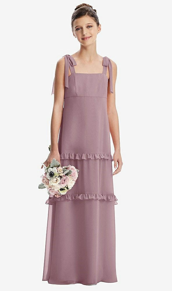 Front View - Dusty Rose Tie-Shoulder Juniors Dress with Tiered Ruffle Skirt