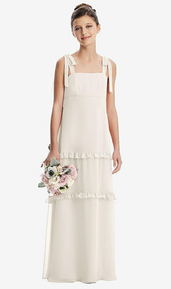 Front View - Ivory Tie-Shoulder Juniors Dress with Tiered Ruffle Skirt