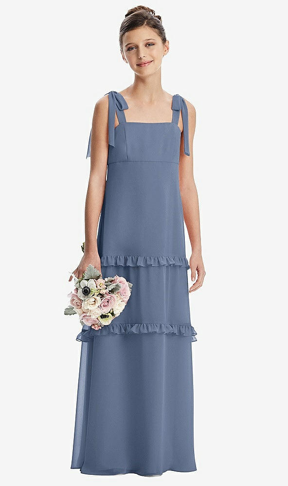 Front View - Larkspur Blue Tie-Shoulder Juniors Dress with Tiered Ruffle Skirt