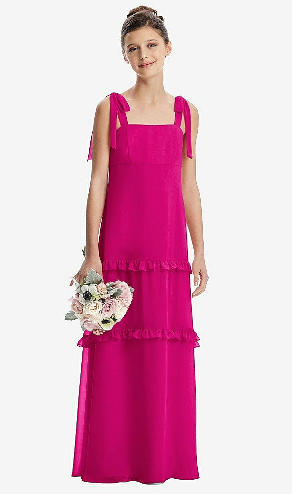 Front View - Think Pink Tie-Shoulder Juniors Dress with Tiered Ruffle Skirt