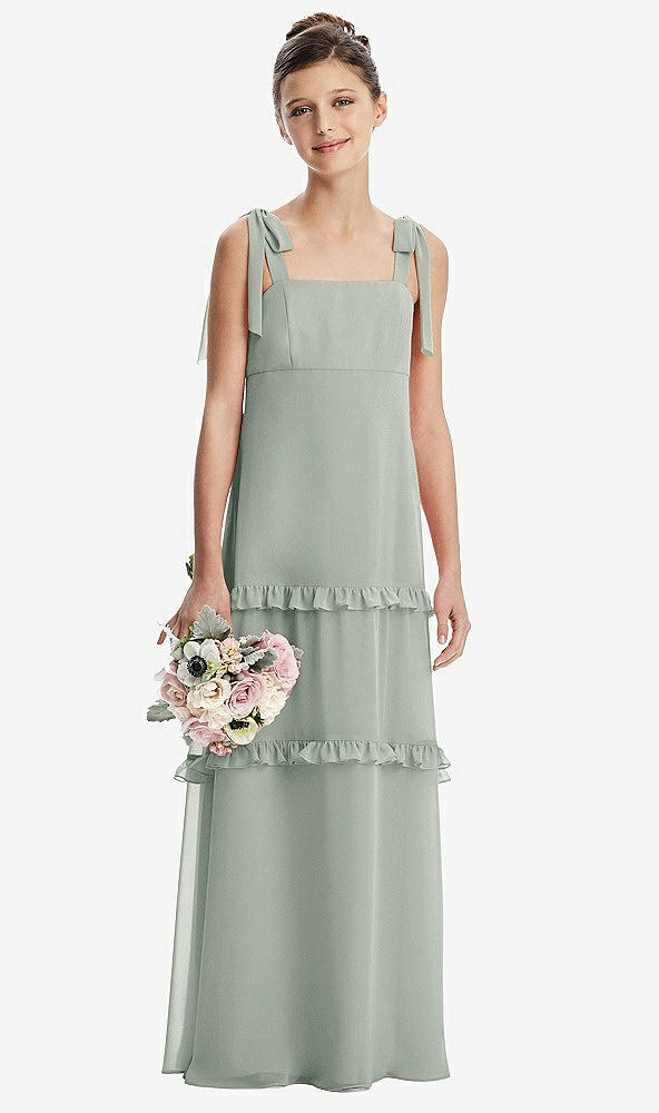 Front View - Willow Green Tie-Shoulder Juniors Dress with Tiered Ruffle Skirt