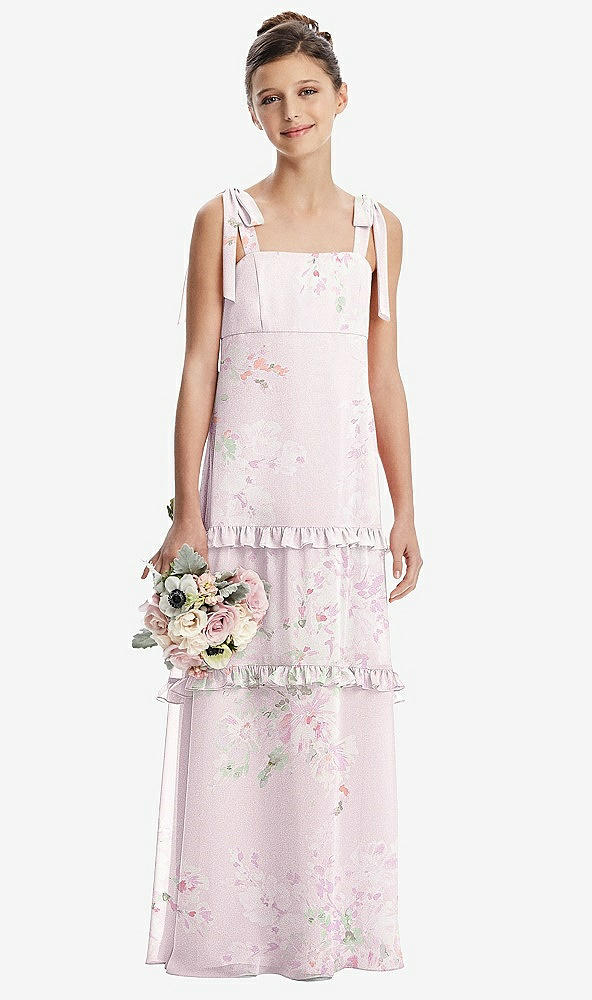 Front View - Watercolor Print Tie-Shoulder Juniors Dress with Tiered Ruffle Skirt
