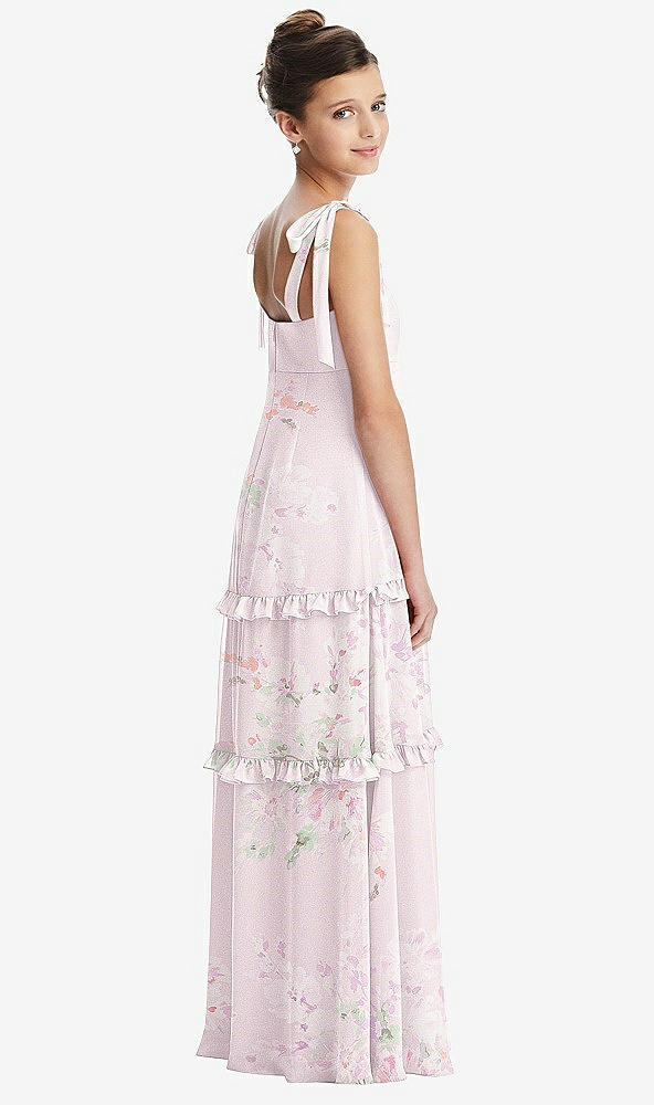 Back View - Watercolor Print Tie-Shoulder Juniors Dress with Tiered Ruffle Skirt