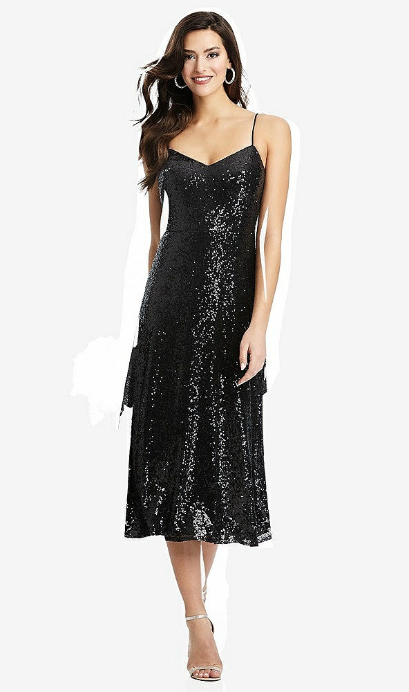 Front View - Black Spaghetti Strap Flared Skirt Sequin Midi Dress