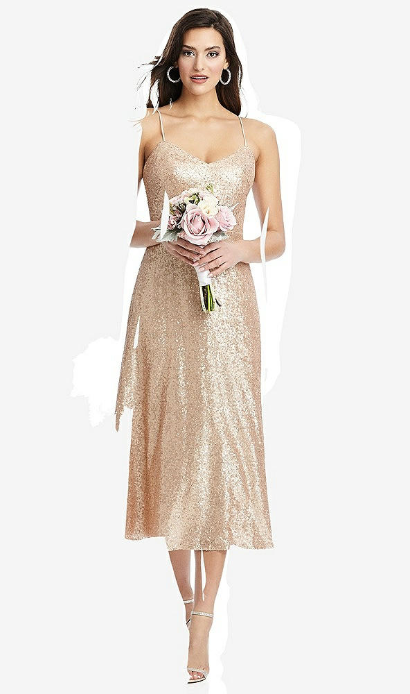 Front View - Rose Gold Spaghetti Strap Flared Skirt Sequin Midi Dress