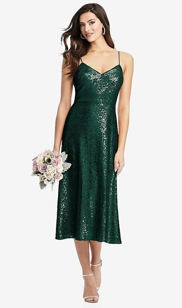 Front View - Hunter Green Spaghetti Strap Flared Skirt Sequin Midi Dress