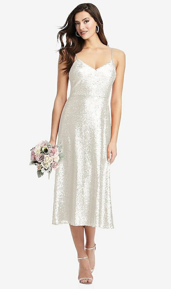 Front View - Ivory Spaghetti Strap Flared Skirt Sequin Midi Dress
