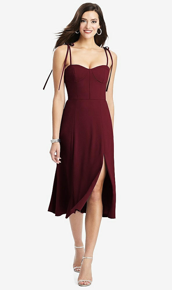 Front View - Cabernet Bustier Crepe Midi Dress with Adjustable Bow Straps