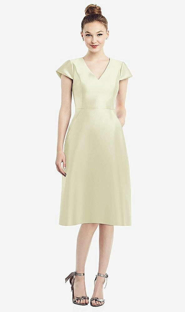 Front View - Butter Yellow Cap Sleeve V-Neck Satin Midi Dress with Pockets