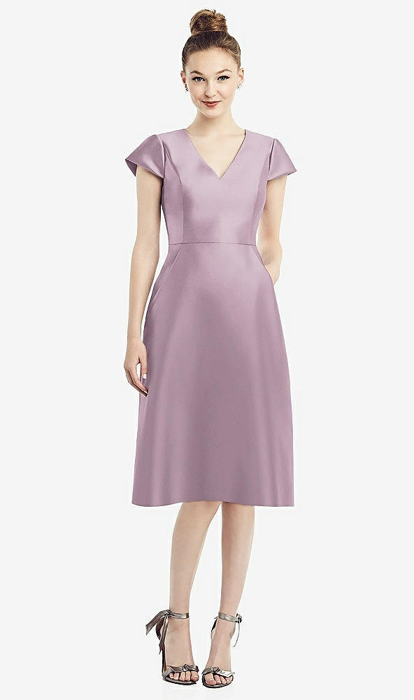 Front View - Suede Rose Cap Sleeve V-Neck Satin Midi Dress with Pockets