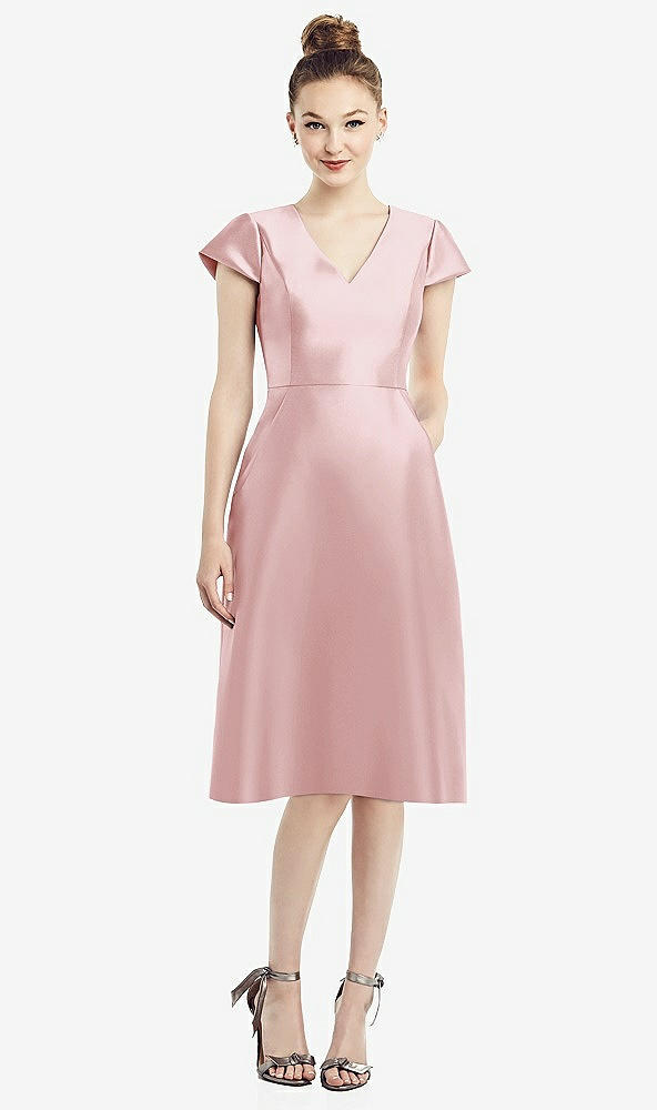Front View - Ballet Pink Cap Sleeve V-Neck Satin Midi Dress with Pockets
