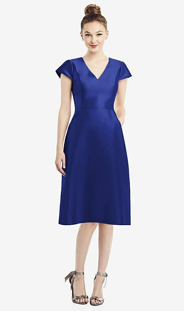 Front View - Cobalt Blue Cap Sleeve V-Neck Satin Midi Dress with Pockets