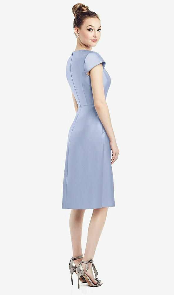 Back View - Sky Blue Cap Sleeve V-Neck Satin Midi Dress with Pockets