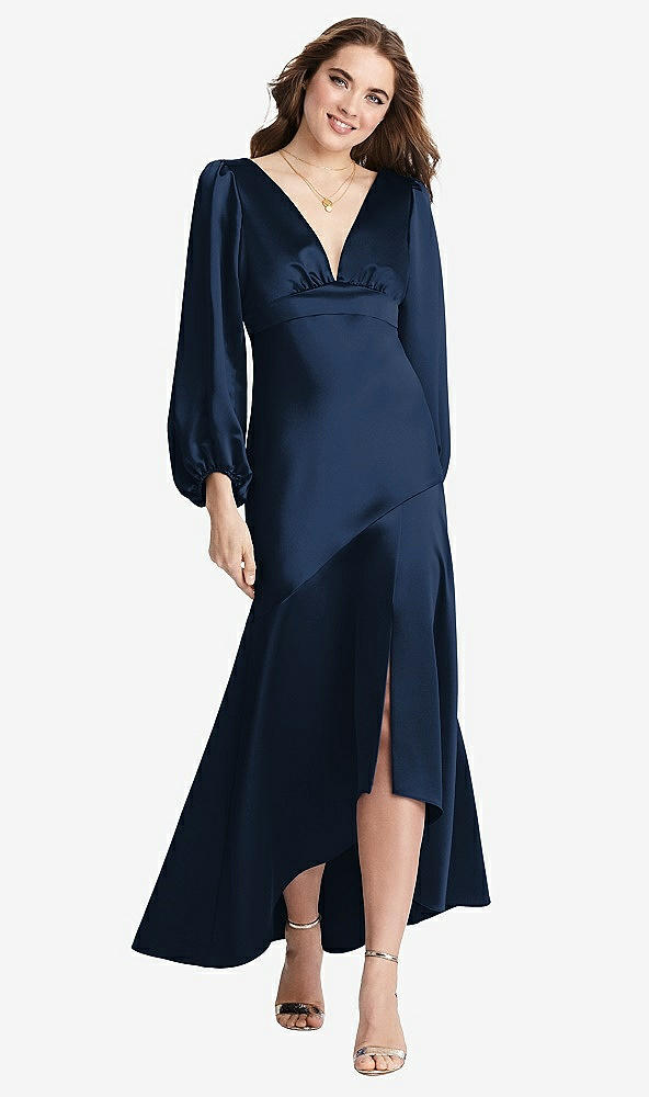 Front View - Midnight Navy Puff Sleeve Asymmetrical Drop Waist High-Low Slip Dress - Teagan