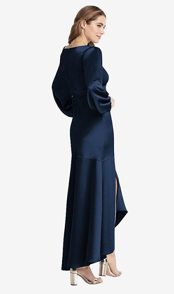 Back View - Midnight Navy Puff Sleeve Asymmetrical Drop Waist High-Low Slip Dress - Teagan