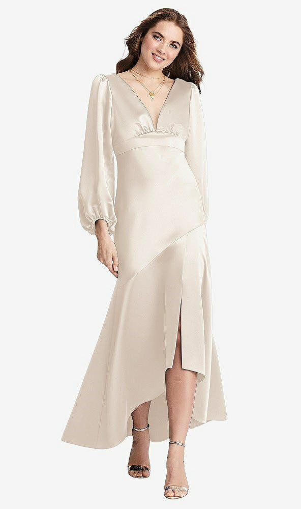 Front View - Oat Puff Sleeve Asymmetrical Drop Waist High-Low Slip Dress - Teagan