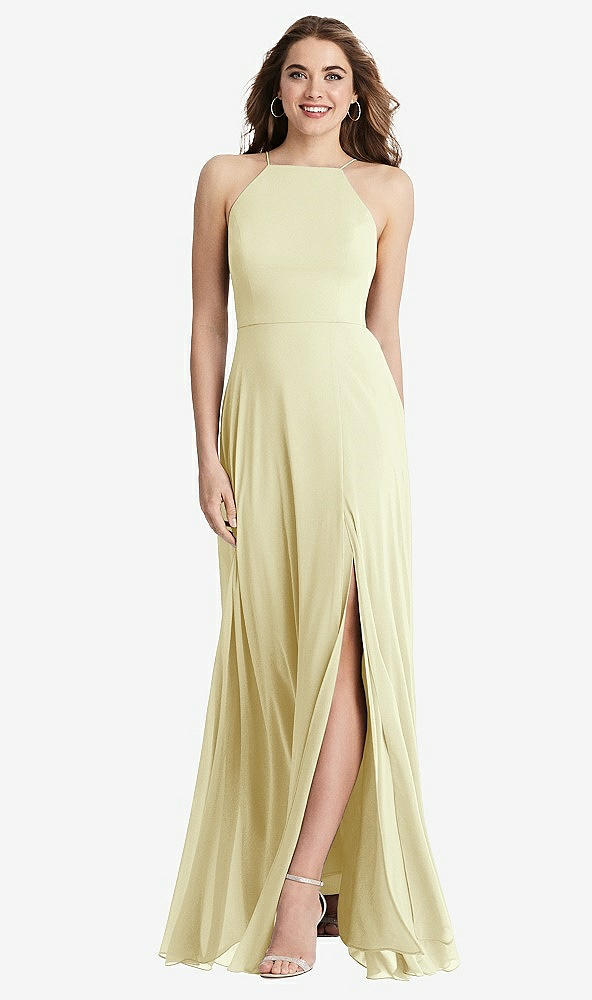Front View - Butter Yellow High Neck Chiffon Maxi Dress with Front Slit - Lela