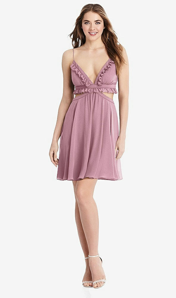 Front View - Dusty Pink Ruffled Chiffon Cutout Mini Dress - Joey
