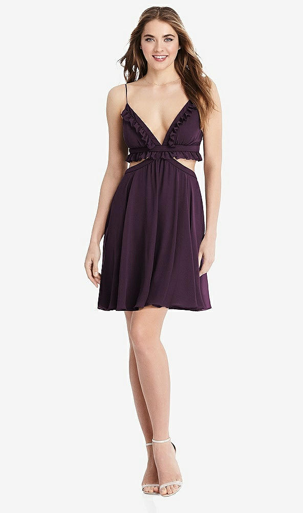 Front View - Aubergine Ruffled Chiffon Cutout Mini Dress - Joey