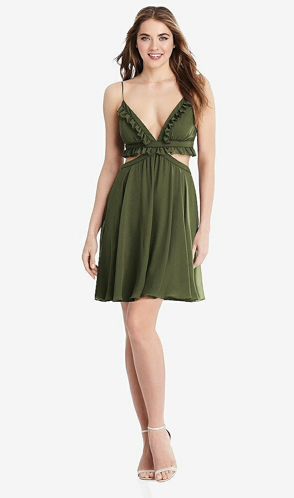 Front View - Olive Green Ruffled Chiffon Cutout Mini Dress - Joey