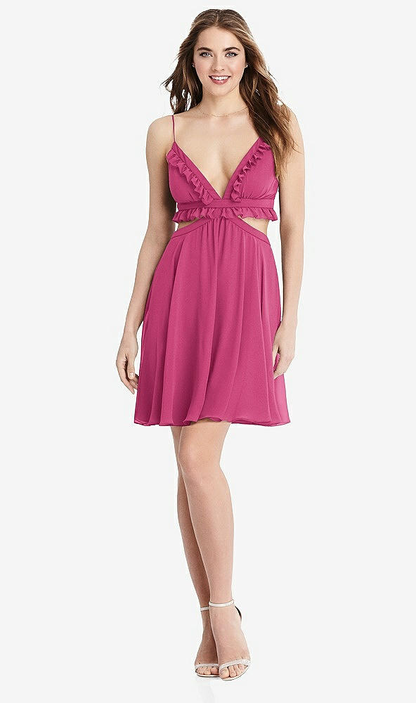 Front View - Tea Rose Ruffled Chiffon Cutout Mini Dress - Joey
