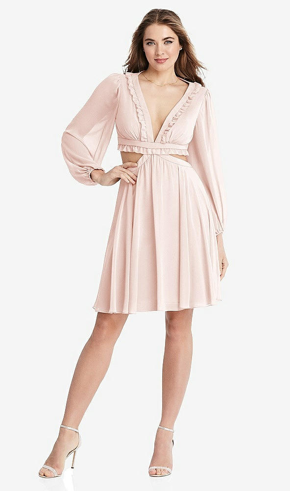 Front View - Blush Bishop Sleeve Ruffled Chiffon Cutout Mini Dress - Hannah